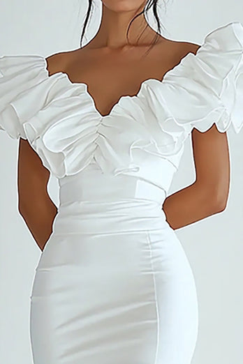 Bodycon White V Neck Satin Short Graduation Dress with Ruffles