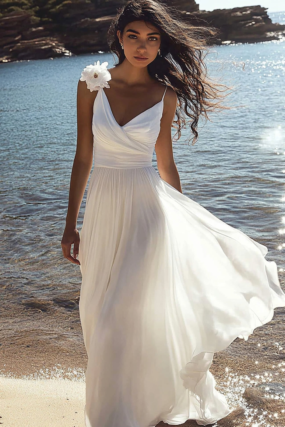 White A Line Floor Length Chiffon Engagement Dress with Flowers