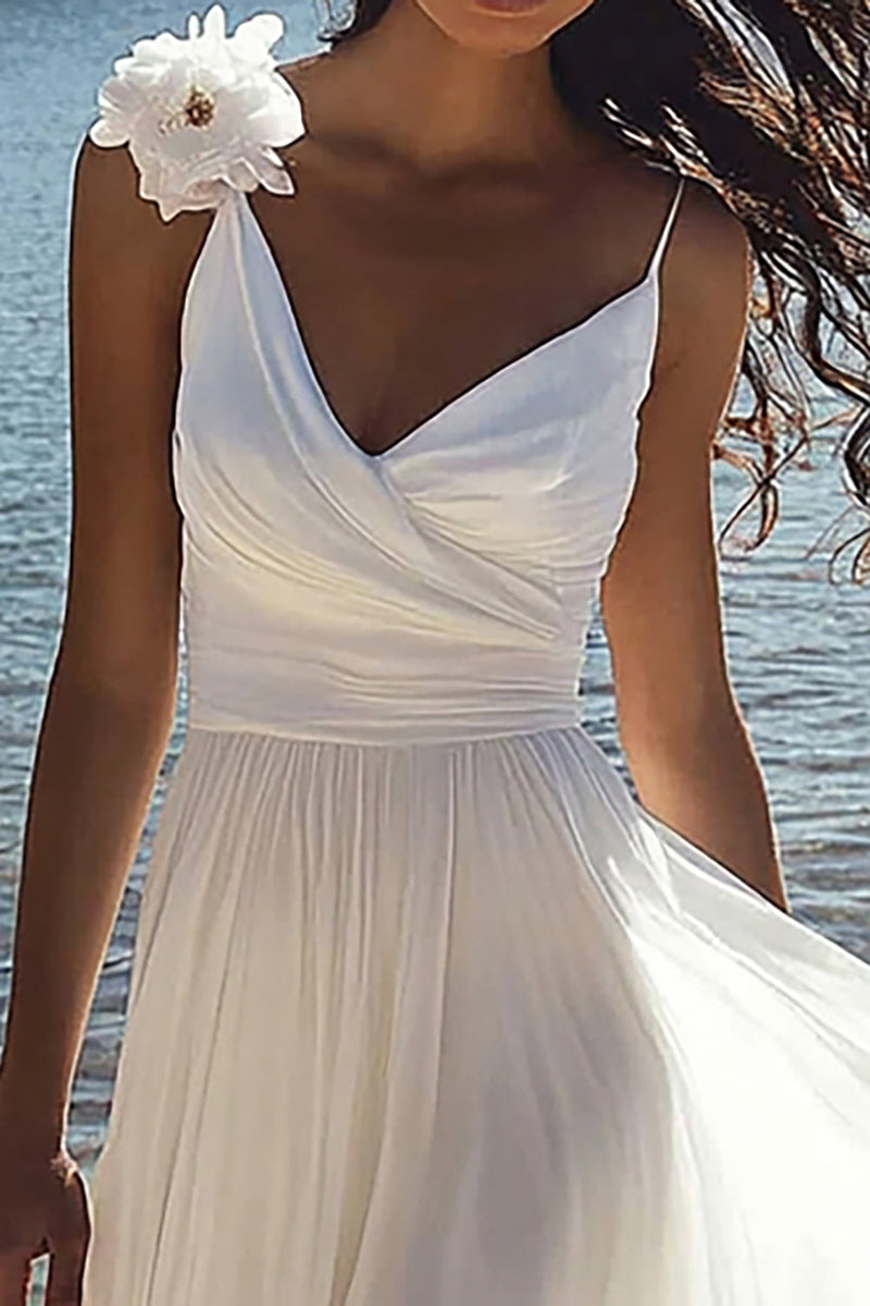 Load image into Gallery viewer, White A Line Floor Length Chiffon Engagement Dress with Flowers