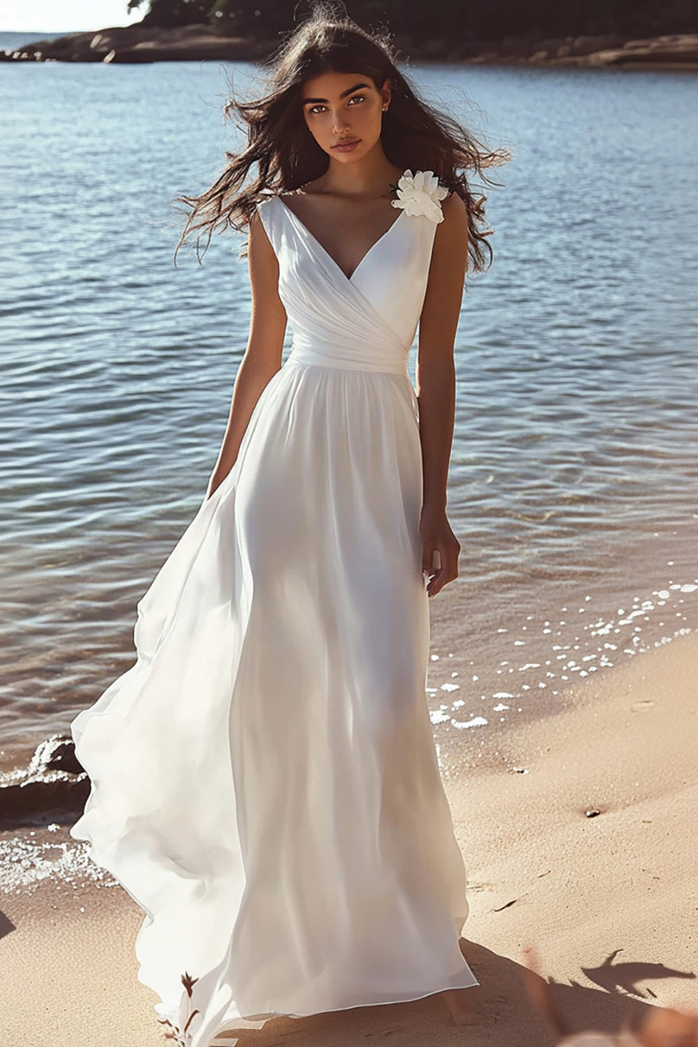 White Chiffon A Line V-Neck Long Engagement Dress