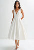 Load image into Gallery viewer, White Satin A Line V-Neck Tea Length Graduation Dress