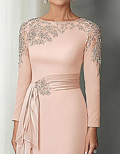 Elegant Blush Satin Sheath Mother of the Bride Dress with Long Sleeves