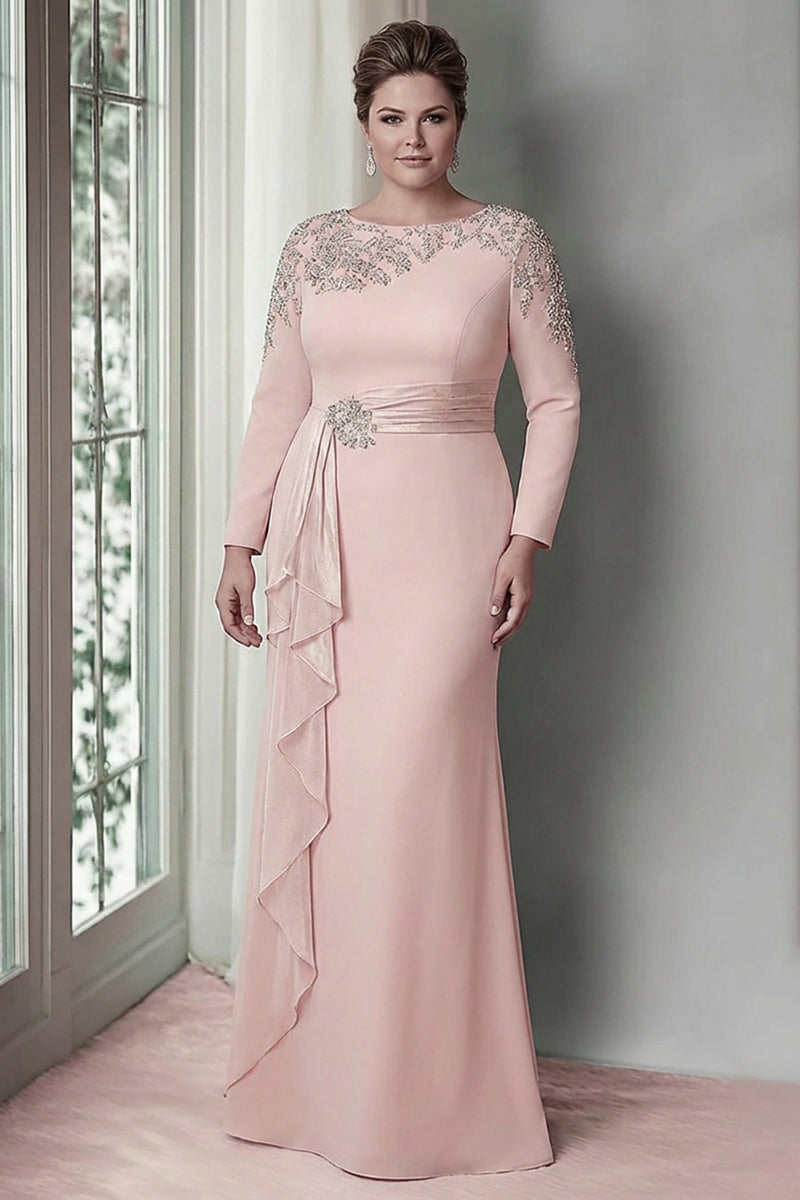 Load image into Gallery viewer, Elegant Blush Satin Plus Size Sheath Mother of the Bride Dress with Long Sleeves