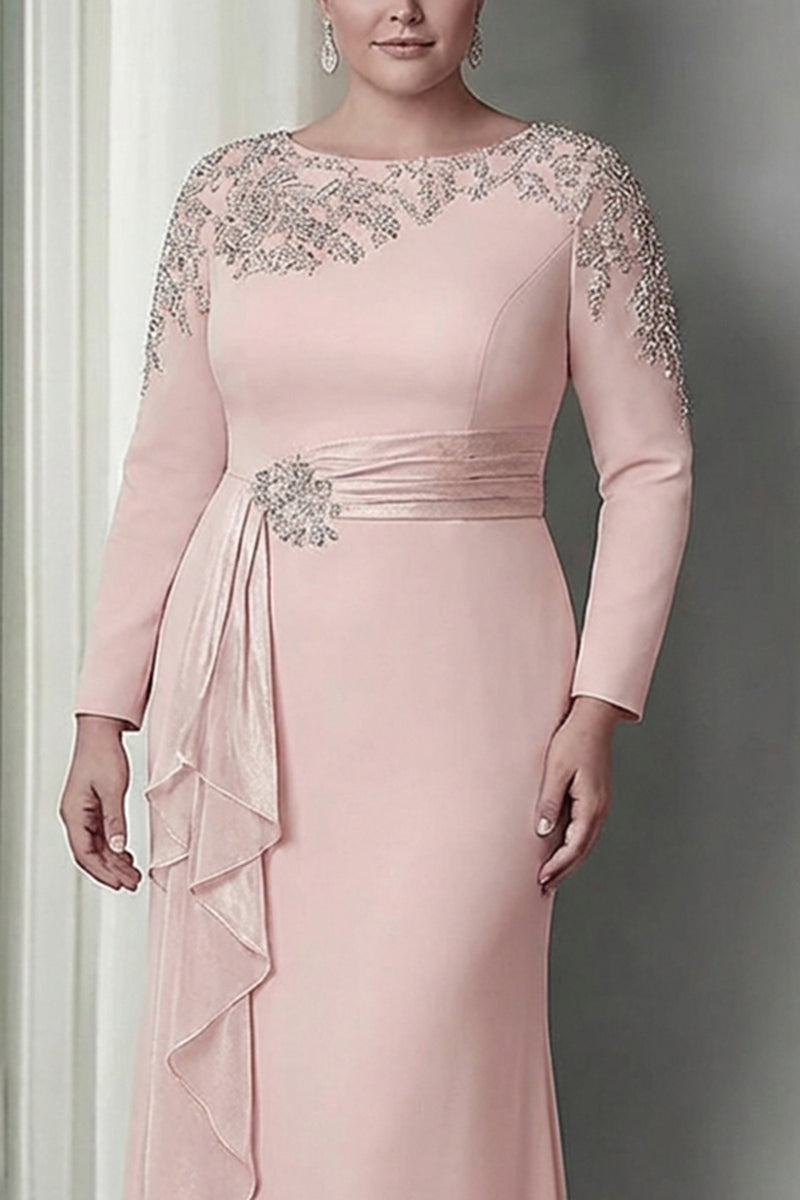 Load image into Gallery viewer, Elegant Blush Satin Plus Size Sheath Mother of the Bride Dress with Long Sleeves