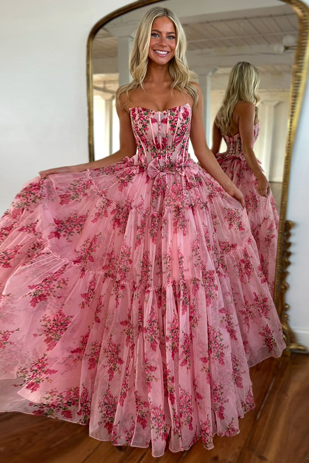 Princess Blush Tulle Floral Corset Ball Gown Long Prom Dress with Ruffles