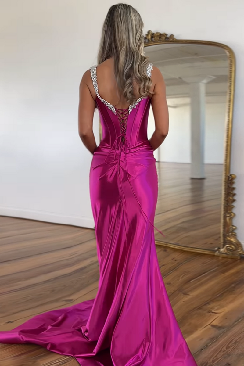 Load image into Gallery viewer, Fuchsia Satin Corset Mermaid Beaded Long Prom Dress with Slit