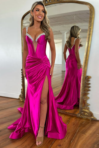 Fuchsia Satin Corset Mermaid Beaded Long Prom Dress with Slit
