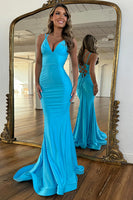 Load image into Gallery viewer, Blue Satin Mermaid Lace-Up Back Long Prom Dress