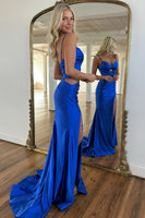 Load image into Gallery viewer, Royal Blue Satin Mermaid Long Prom Dress with Slit