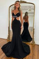 Load image into Gallery viewer, Black Satin Backless Mermaid Long Prom Dress with Bow