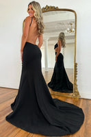 Load image into Gallery viewer, Black Satin Backless Mermaid Long Prom Dress with Bow