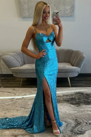 Load image into Gallery viewer, Sparkly Blue Sequin Mermaid Long Prom Dress with Slit