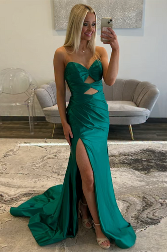 Emerald Green Satin Sweetheart Mermaid Long Prom Dress with Slit