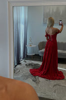 Load image into Gallery viewer, Sparkly Red Metallic Pleated Long Prom Dress with Slit
