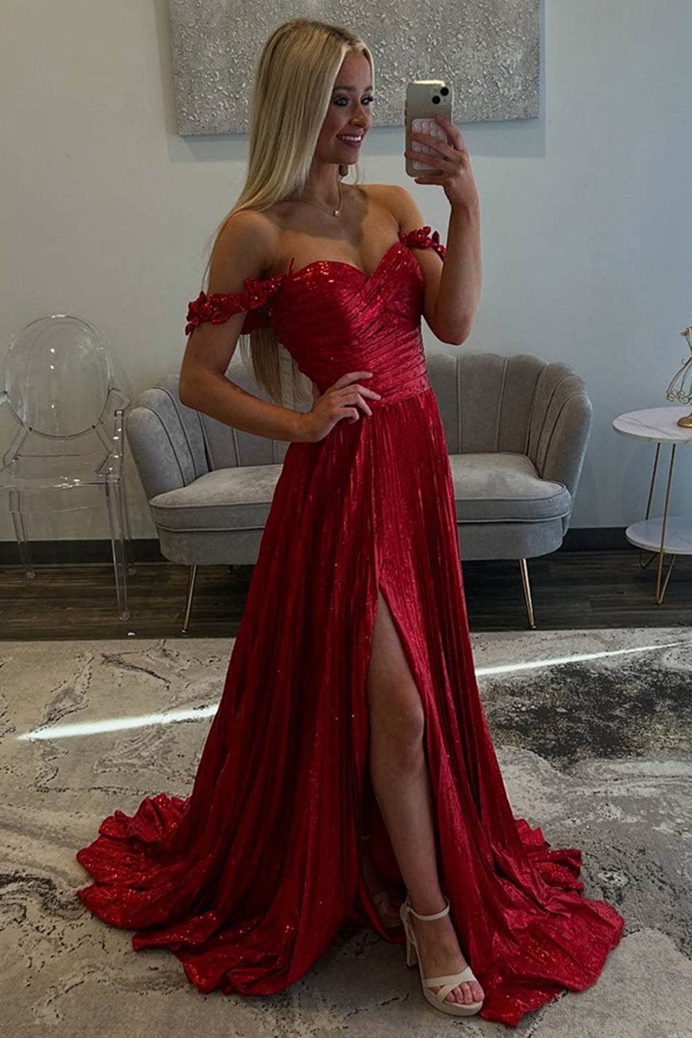 Sparkly Red Metallic Pleated Long Prom Dress with Slit
