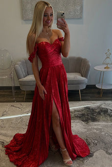 Sparkly Red Metallic Pleated Long Prom Dress with Slit