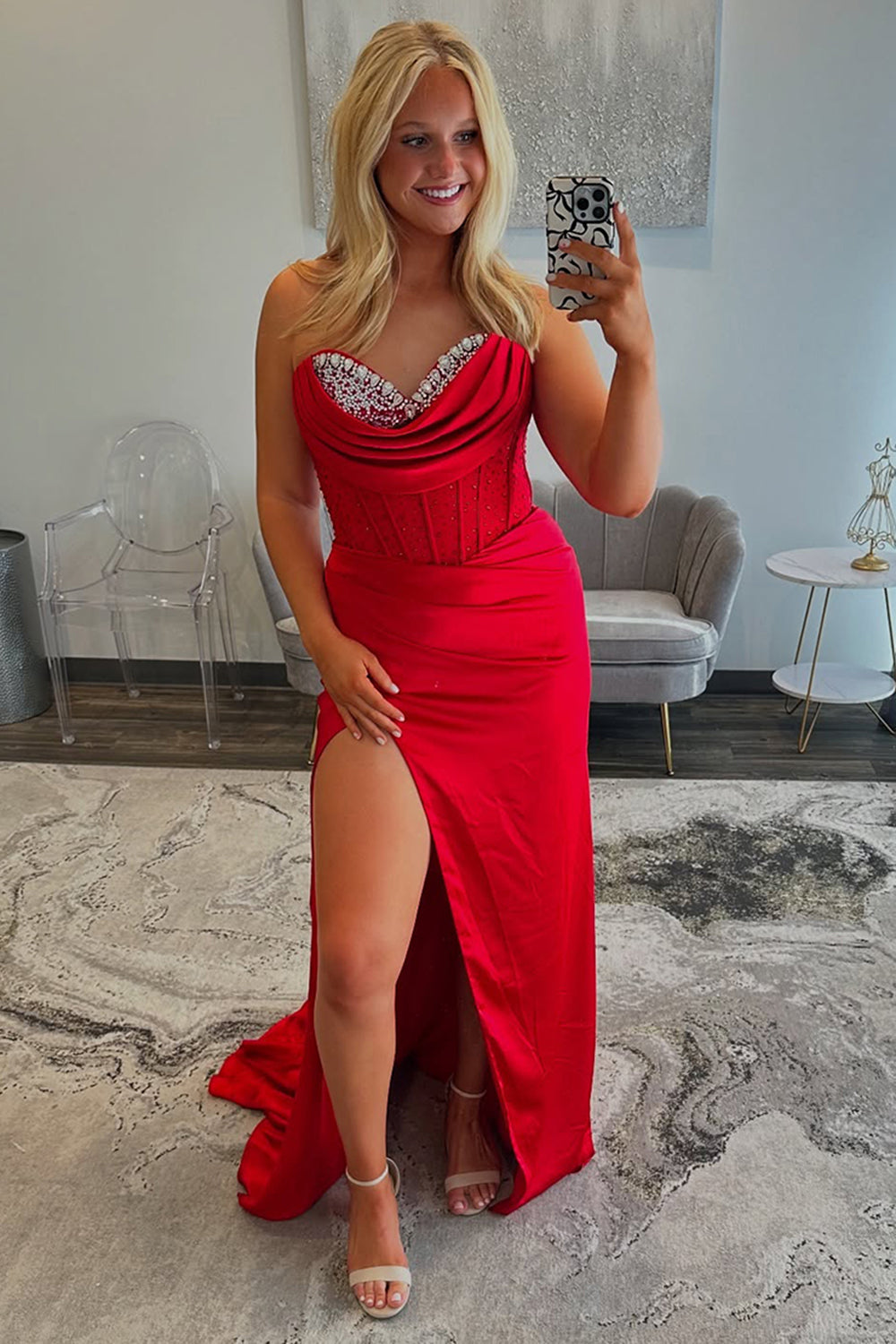 Red Corset Beaded Sweetheart Mermaid Long Prom Dress with Slit
