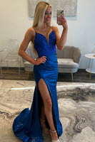 Load image into Gallery viewer, Sparkly Royal Blue Satin Beaded Mermaid Long Prom Dress with Slit