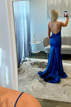 Sparkly Royal Blue Satin Beaded Mermaid Long Prom Dress with Slit