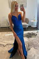 Load image into Gallery viewer, Sparkly Royal Blue Satin Beaded Mermaid Long Prom Dress with Slit