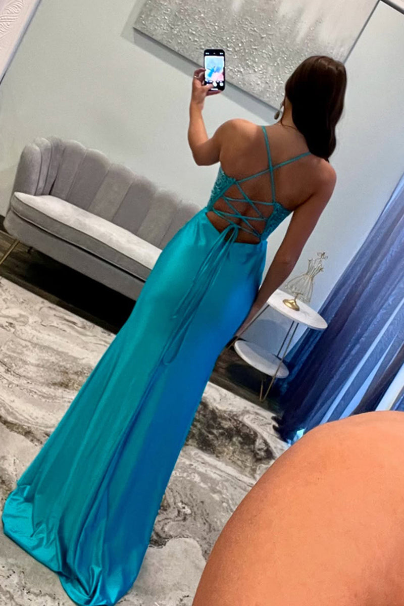 Load image into Gallery viewer, Blue Satin Corset Mermaid Long Prom Dress with Slit