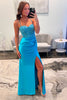 Load image into Gallery viewer, Blue Satin Corset Mermaid Long Prom Dress with Slit