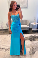 Load image into Gallery viewer, Blue Satin Corset Mermaid Long Prom Dress with Slit
