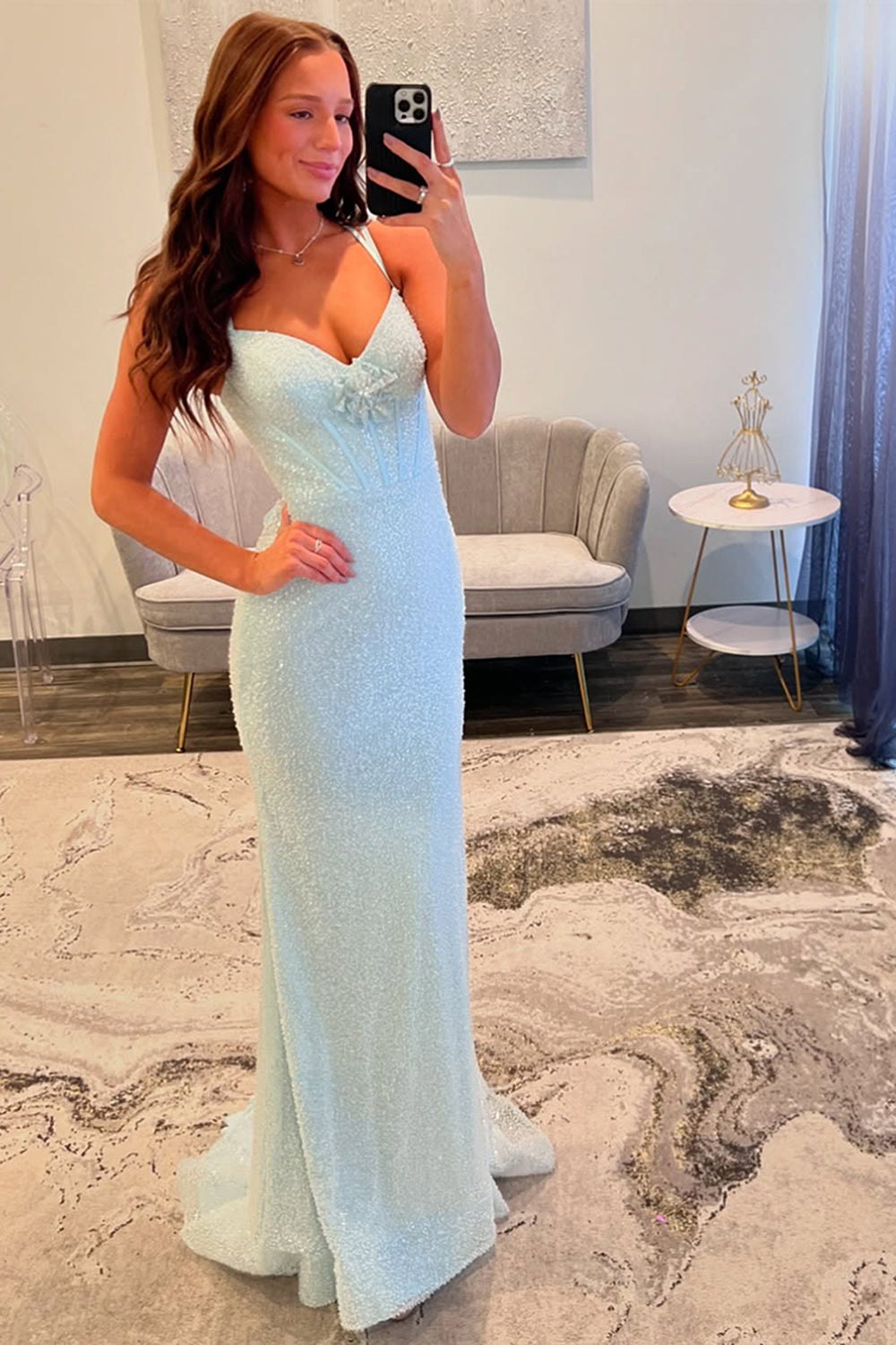 Sparkly Light Blue Sequin Corset Mermaid Long Prom Dress with Flowers
