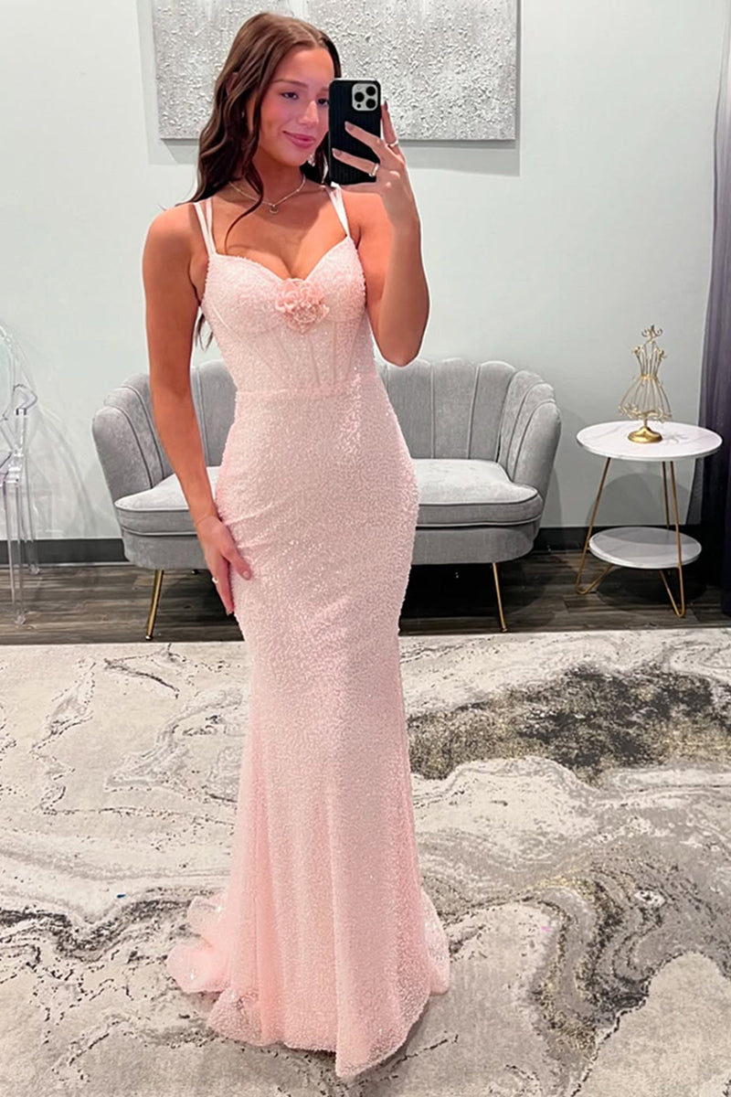 Load image into Gallery viewer, Sparkly Light Blue Sequin Corset Mermaid Long Prom Dress with Flowers