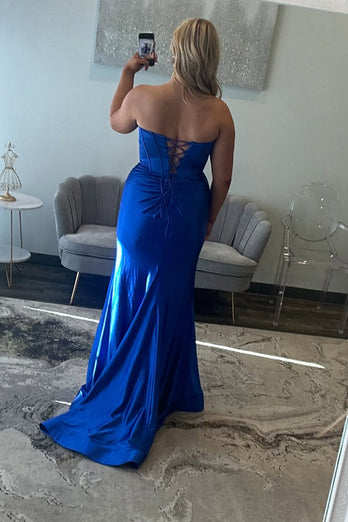 Royal Blue Satin Sweetheart Corset Long Prom Dress with Slit