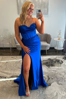 Load image into Gallery viewer, Royal Blue Satin Sweetheart Corset Long Prom Dress with Slit