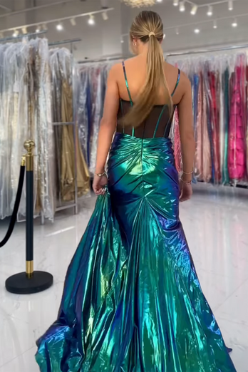 Green Metallic Corset Mermaid Long Prom Dress with Slit