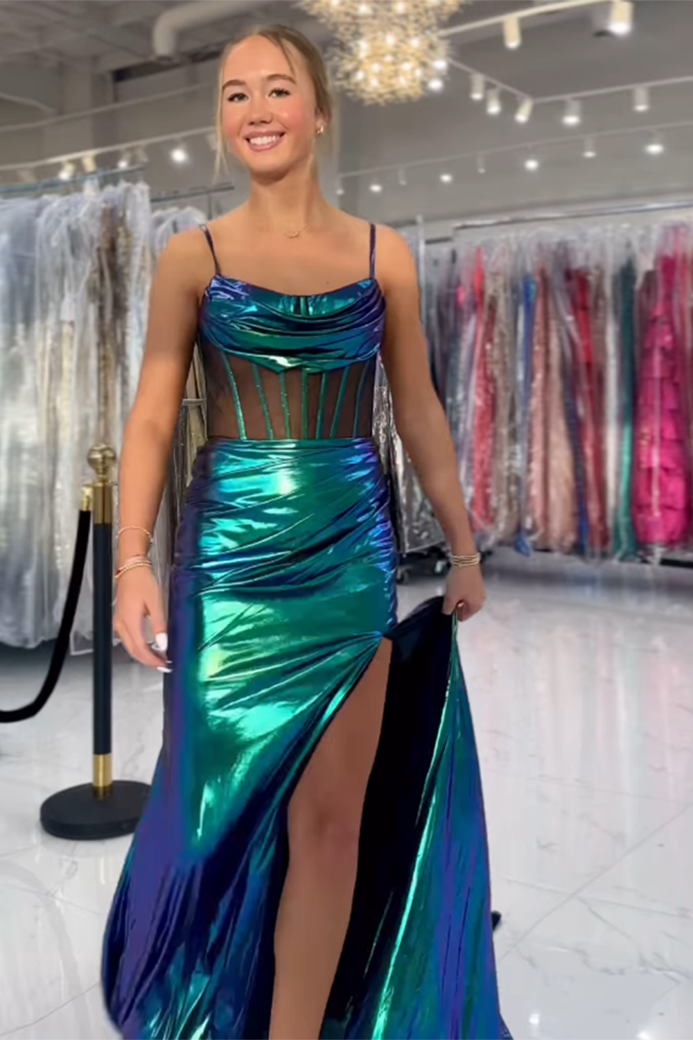 Green Metallic Corset Mermaid Long Prom Dress with Slit