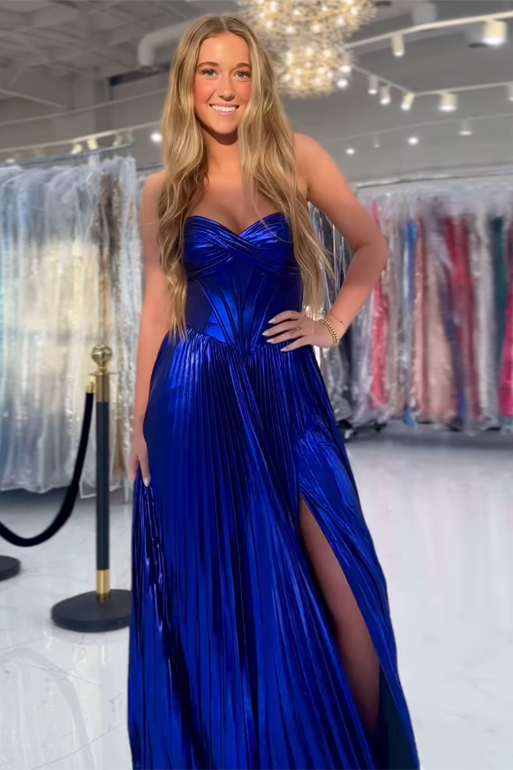 Royal Blue Metallic Corset Sweetheart Long Prom Dress with Slit
