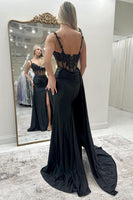 Load image into Gallery viewer, Black Satin Corset Mermaid Long Prom Dress with Slit
