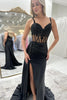 Load image into Gallery viewer, Black Satin Corset Mermaid Long Prom Dress with Slit