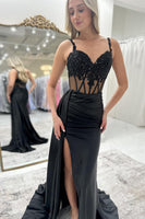 Load image into Gallery viewer, Black Satin Corset Mermaid Long Prom Dress with Slit