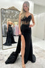 Load image into Gallery viewer, Black Satin Corset Mermaid Long Prom Dress with Slit