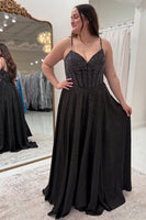 Load image into Gallery viewer, Princess Sparkly Black Satin Beaded Corset A Line Long Prom Dress