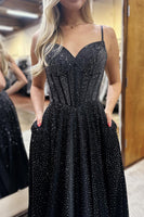 Load image into Gallery viewer, Princess Sparkly Black Satin Beaded Corset A Line Long Prom Dress