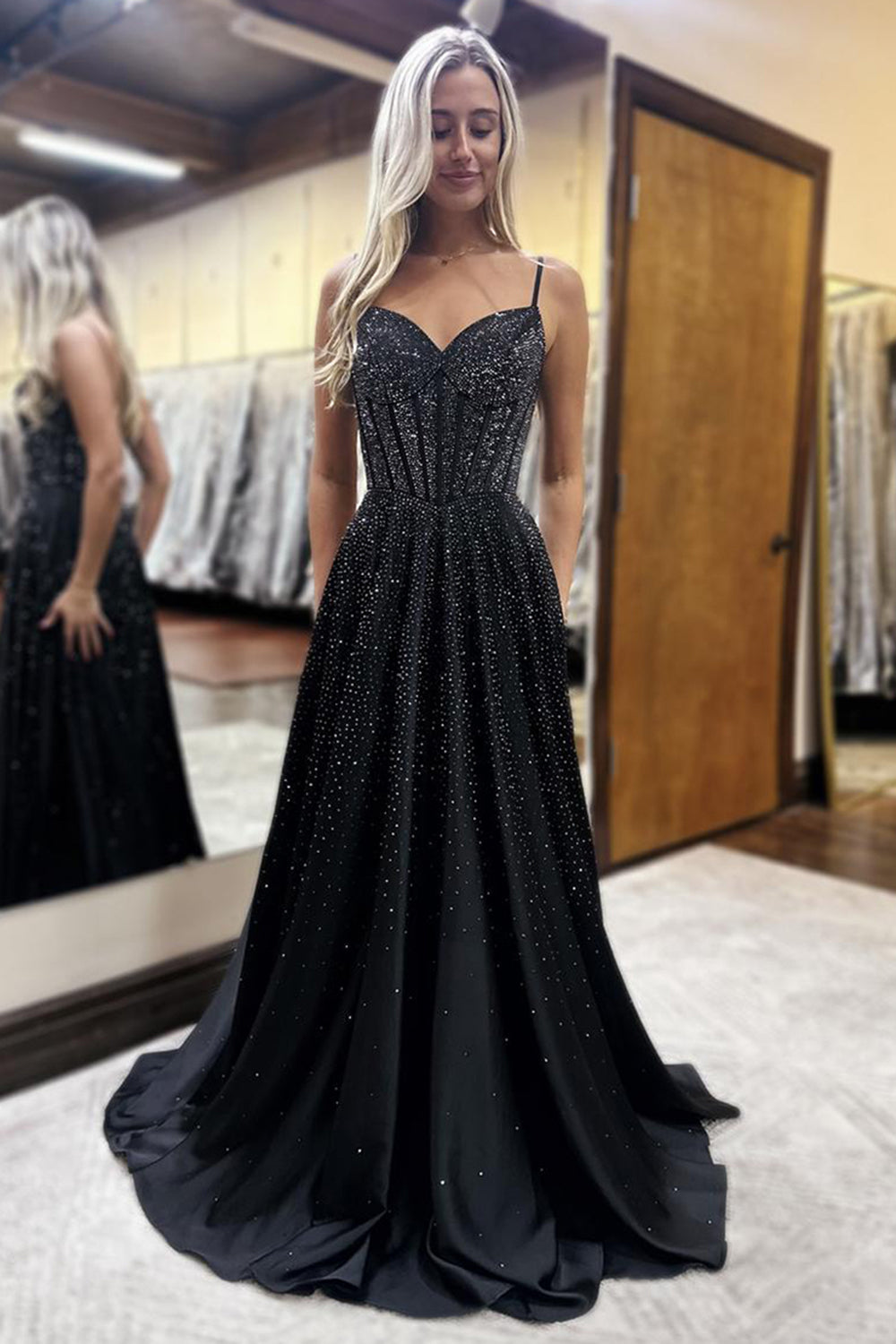 Princess Sparkly Black Satin Beaded Corset A Line Long Prom Dress