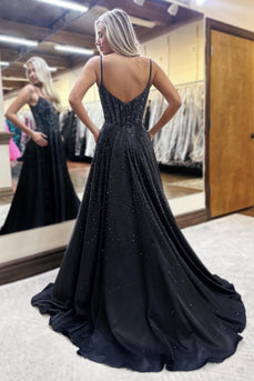 Princess Sparkly Black Satin Beaded Corset A Line Long Prom Dress
