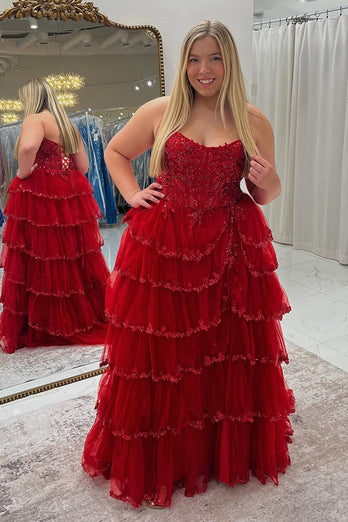 Princess Sparkly Red Tulle Long Ball Gown Long Prom Dress with Ruffles