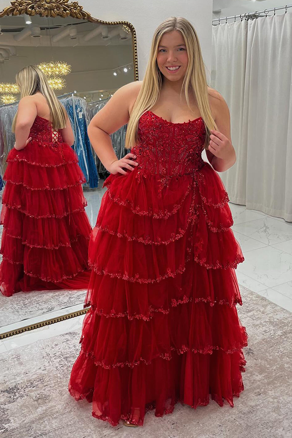Princess Sparkly Red Tulle Long Ball Gown Long Prom Dress with Ruffles