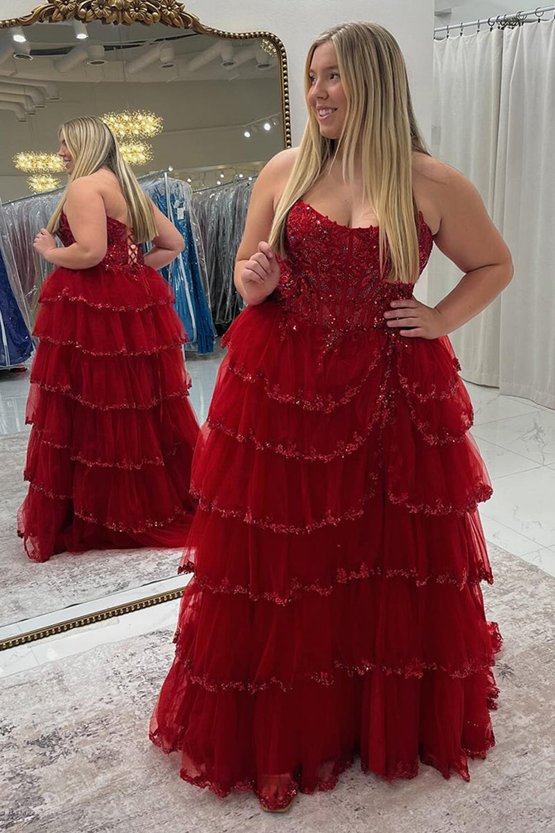 Load image into Gallery viewer, Princess Sparkly Red Tulle Long Ball Gown Long Prom Dress with Ruffles
