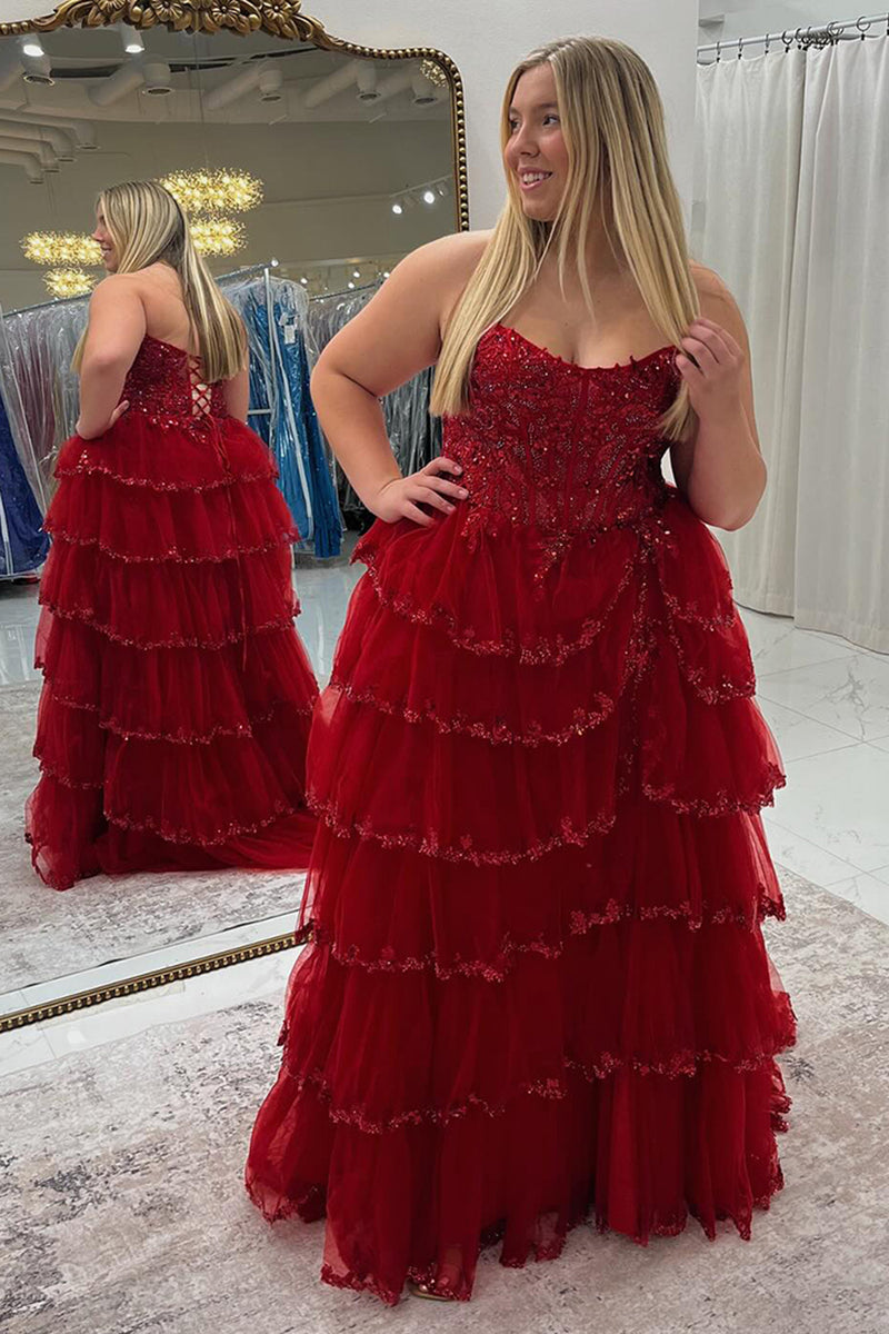 Load image into Gallery viewer, Princess Sparkly Red Tulle Long Ball Gown Long Prom Dress with Ruffles