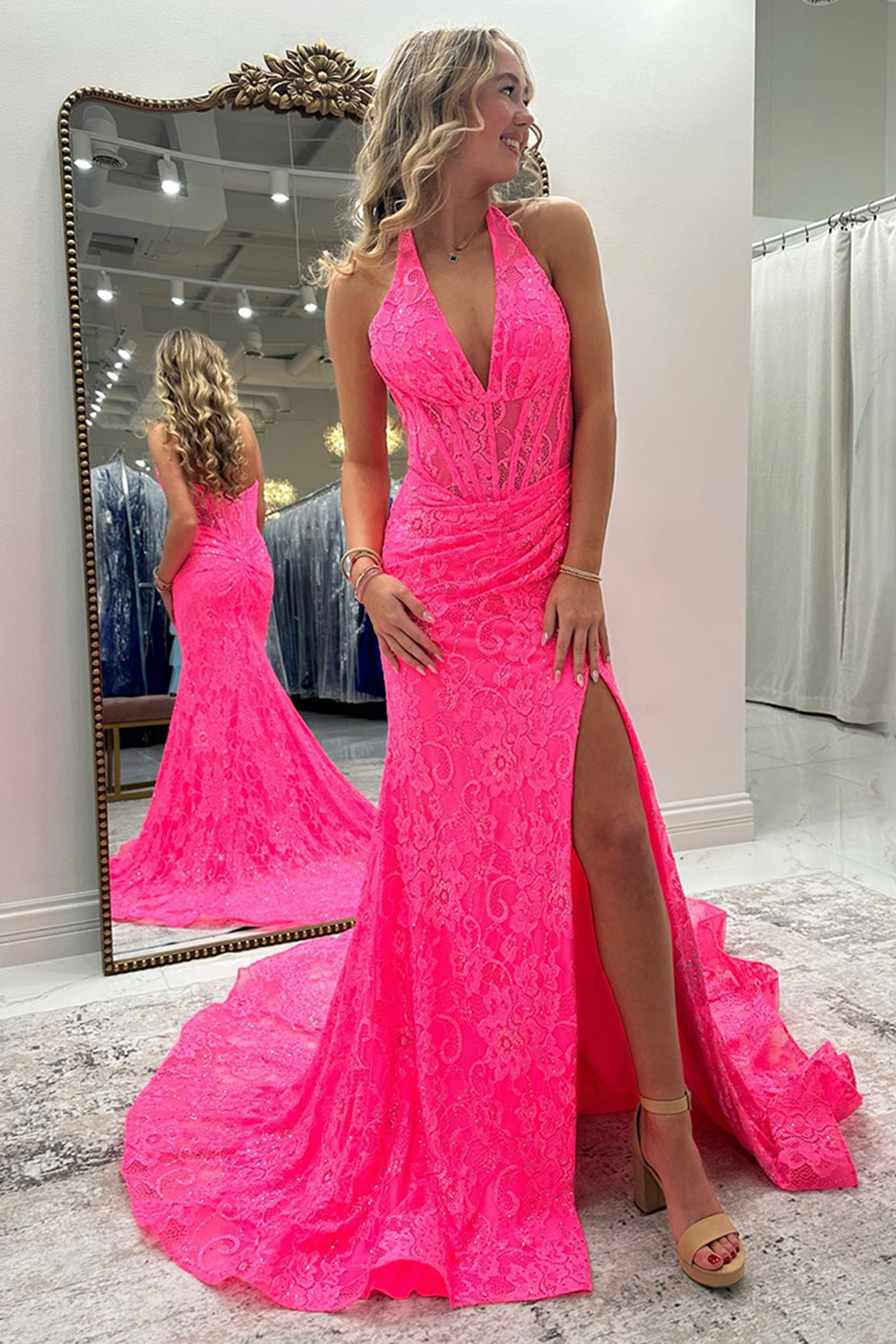 Pink Lace Mermaid Halter Corset Long Prom Dress with Slit