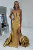 Load image into Gallery viewer, Gold Satin Corset Mermaid Long Prom Dress with Slit