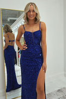 Load image into Gallery viewer, Sparkly Royal Blue Sequin Mermaid Long Prom Dress with Slit