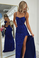 Load image into Gallery viewer, Sparkly Royal Blue Sequin Mermaid Long Prom Dress with Slit